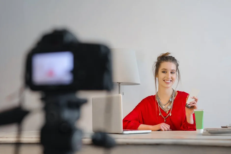 Woman smiling while working on laptop in a modern workspace with digital camera.