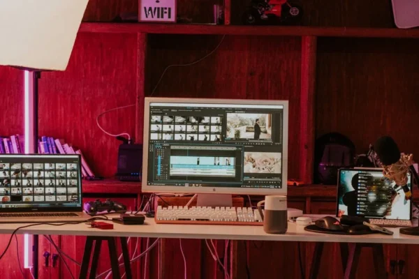 A professional video editing workspace featuring monitors, keyboard, and microphones in a studio setting.