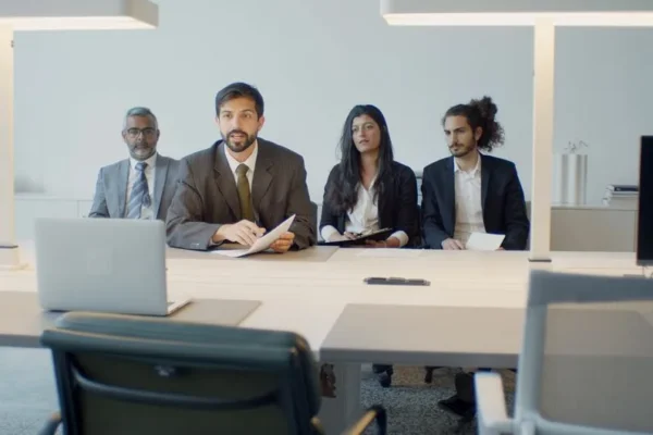 A diverse team in a business meeting using video conference in a modern office setting.