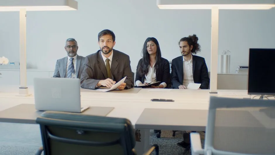 A diverse team in a business meeting using video conference in a modern office setting.
