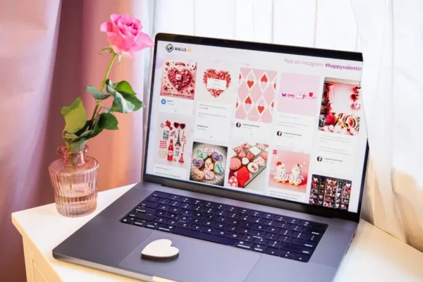 A stylish workspace featuring a laptop with Valentine's Day visuals and a pink rose vase for a romantic touch.