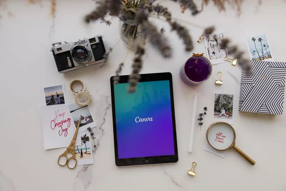 Aesthetic flat lay featuring a tablet, camera, and creative accessories on a white background.