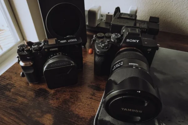 High-quality image of professional cameras on a wooden desk, perfect for stock use.